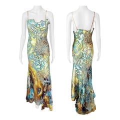 Roberto Cavalli S/S 2002 Runway Lion Print Sheer Mesh Silk Evening Dress Gown