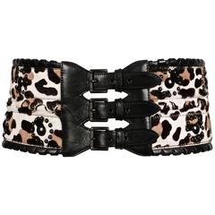AZZEDINE ALAIA leopard calf hair corset belt with black leather trim & studs 2