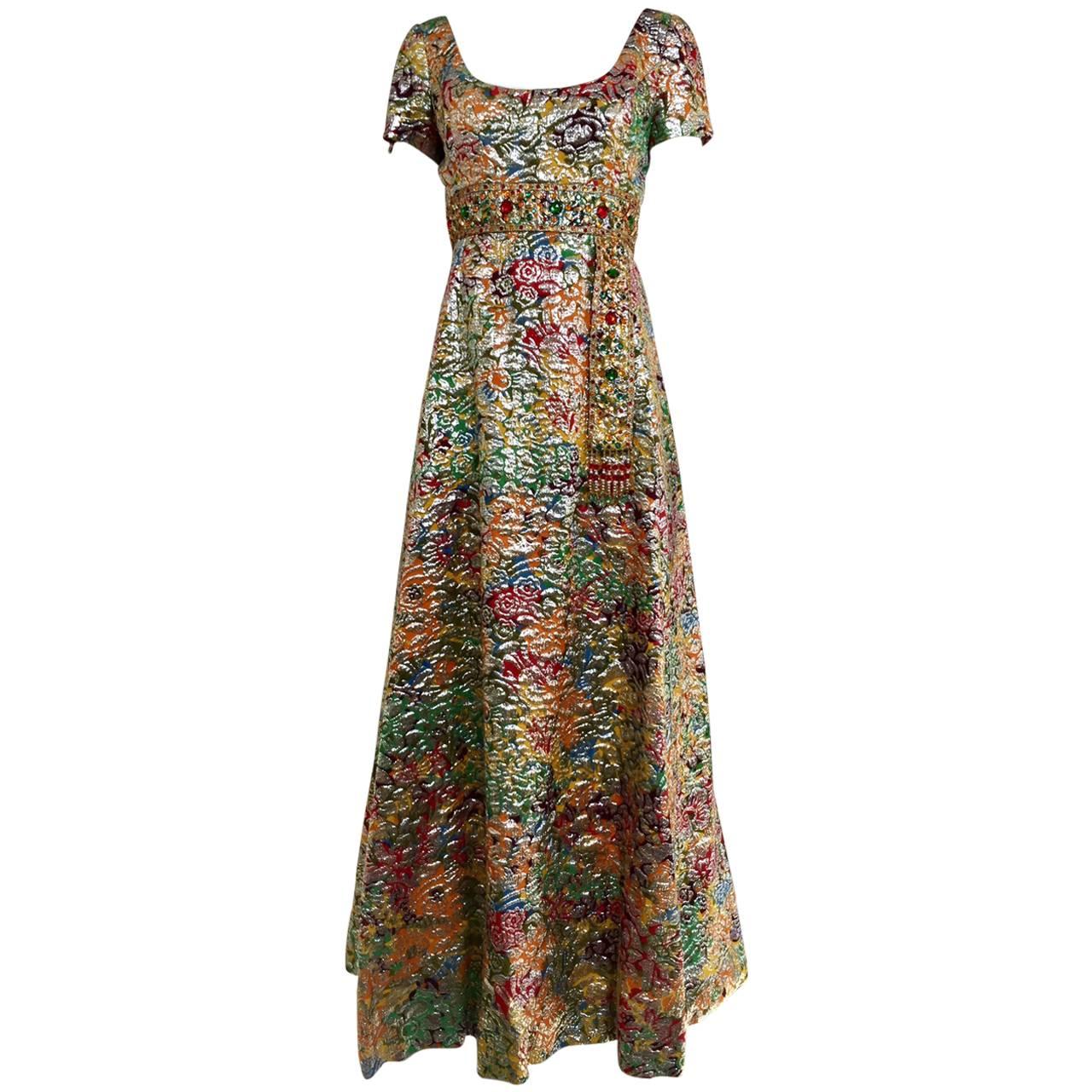 1960s Multi Color Metallic Silk Brocade Dress with Embellishment For Sale