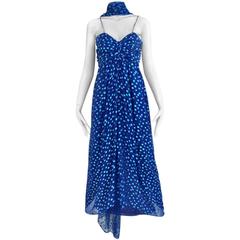 70s Oscar De La Renta blue silk polkadot dress with shawl 7