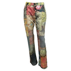 Roberto Cavalli Early 2000's Multi Patchwork Print Mid Rise Jeans-Taille Large
