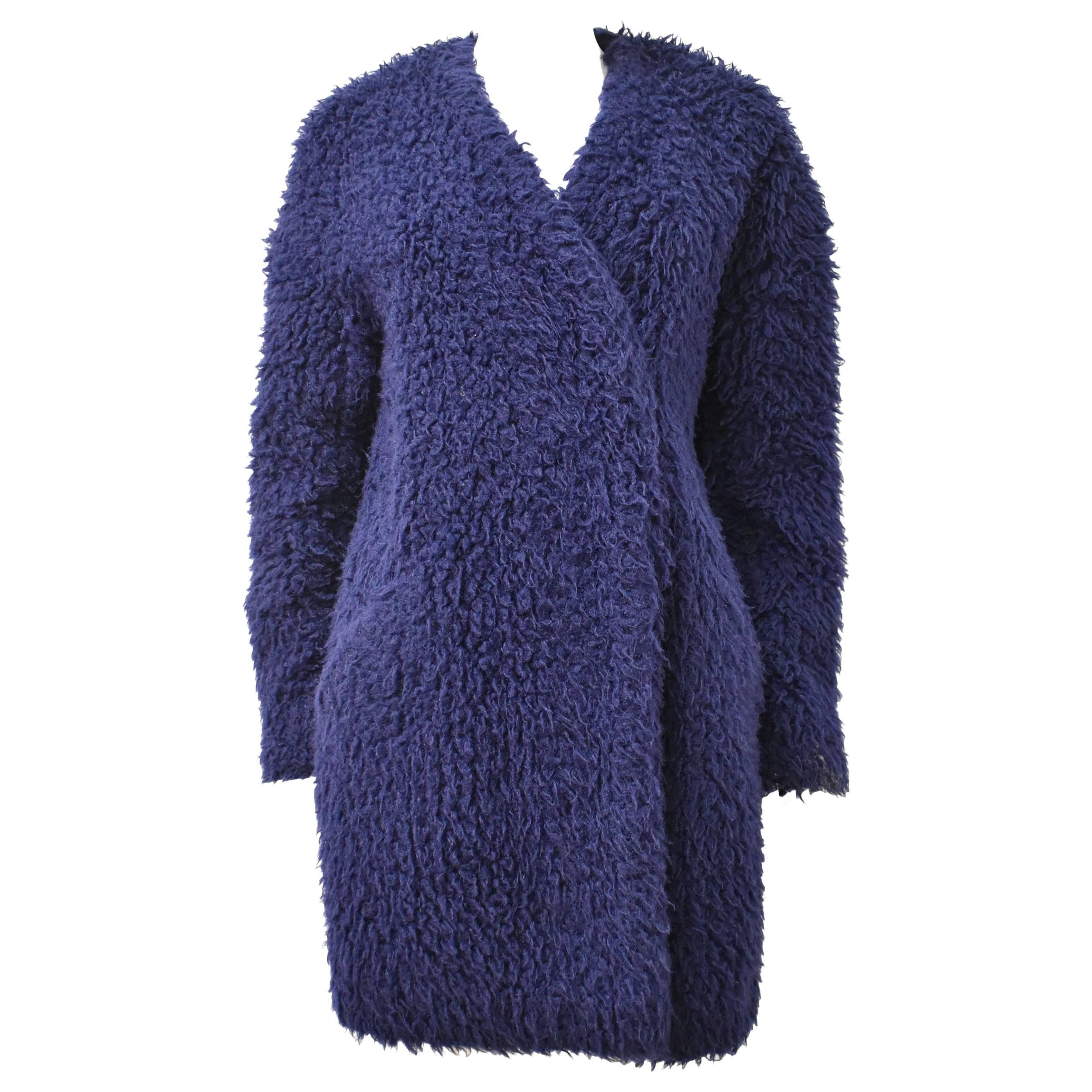 Kenzo Blue Collarless Faux Fur Coat with Drop Shoulders