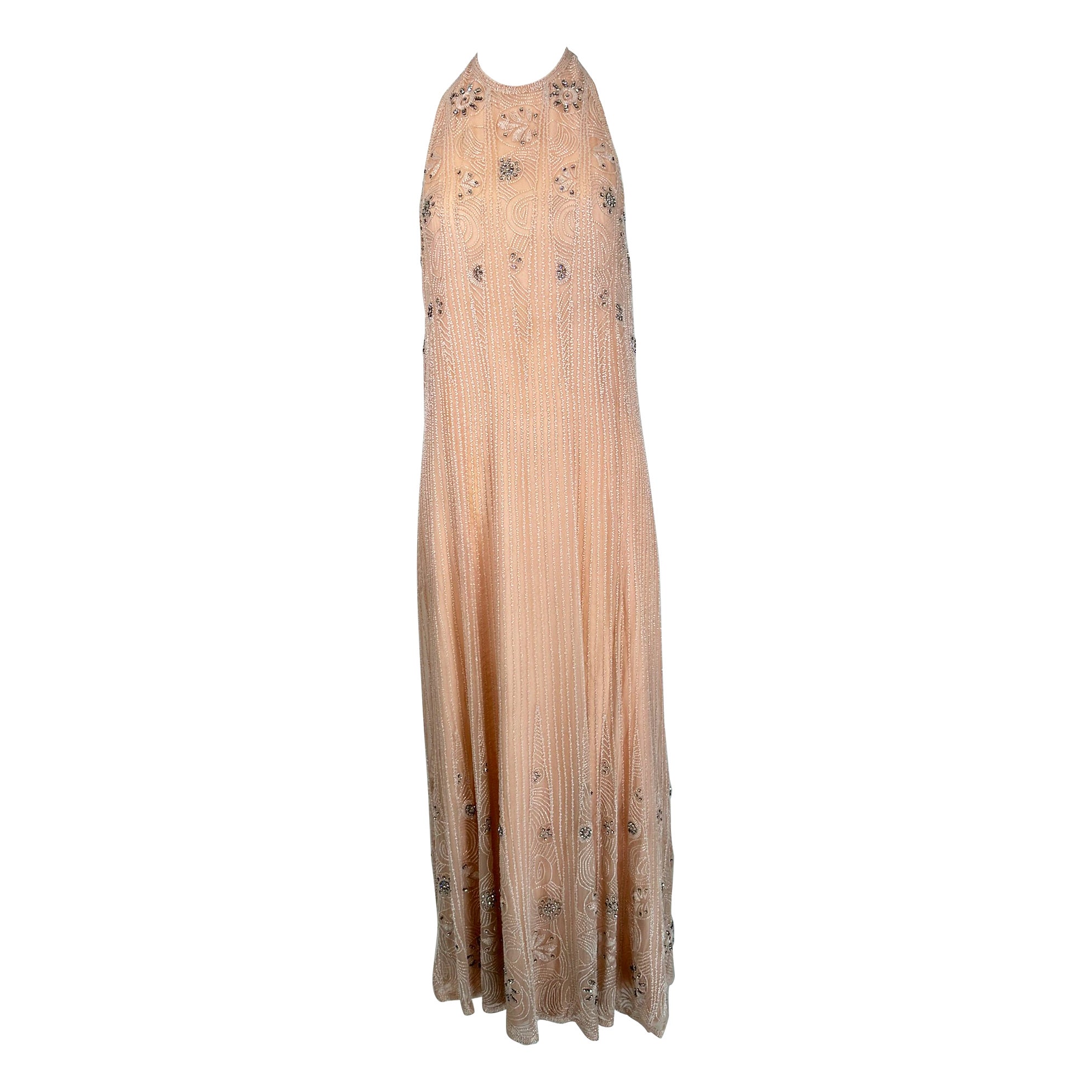 Jean-Louis Scherrer Couture Beaded Pink Silk Halter Neck Evening Dress 1970s For Sale