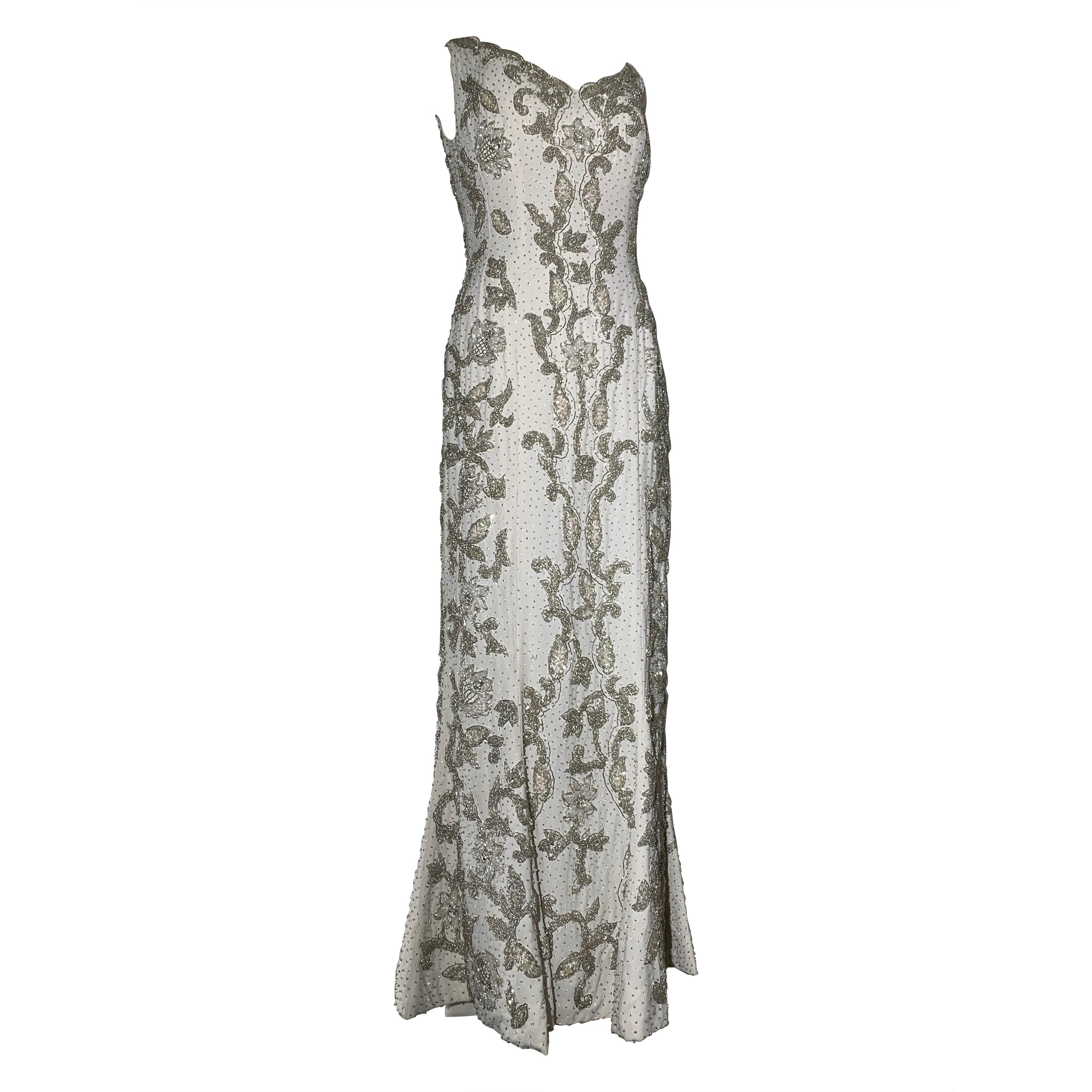 1960s Hong Kong Beaded White Silk Crepe Fishtail Wedding Gown For Sale