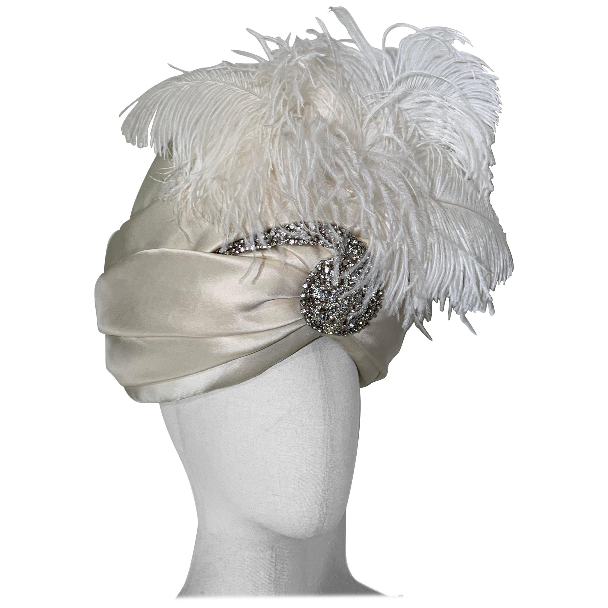 Couture Quality Maharaja-Style White Silk Satin Turban w Rhinestone Brooch For Sale