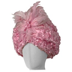 Couture Quality Carnation Pink Turban w 3-D Petal Applique & Feather Flower