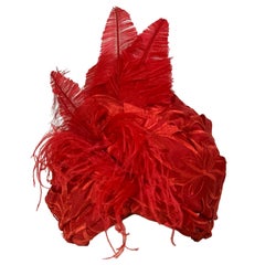 Custom Made Suzanne Couture Millinery Cardinal Red Lace Eyelet Turban w Feathers