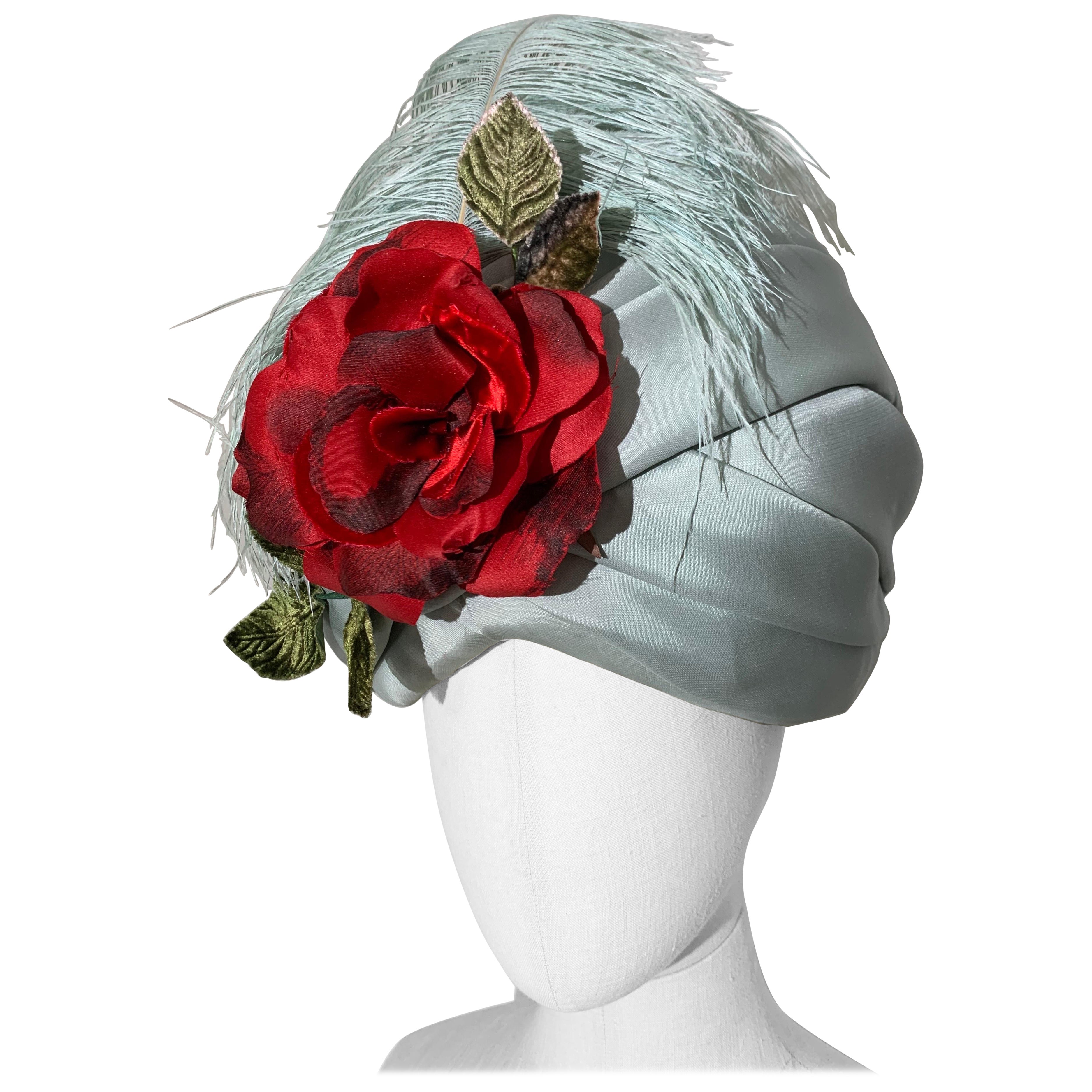 Couture Quality Mint Silk Organza Turban w Matching Ostrich Plume and Red Rose For Sale