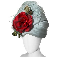 Couture Quality Mint Silk Organza Turban w Matching Ostrich Plume and Red Rose