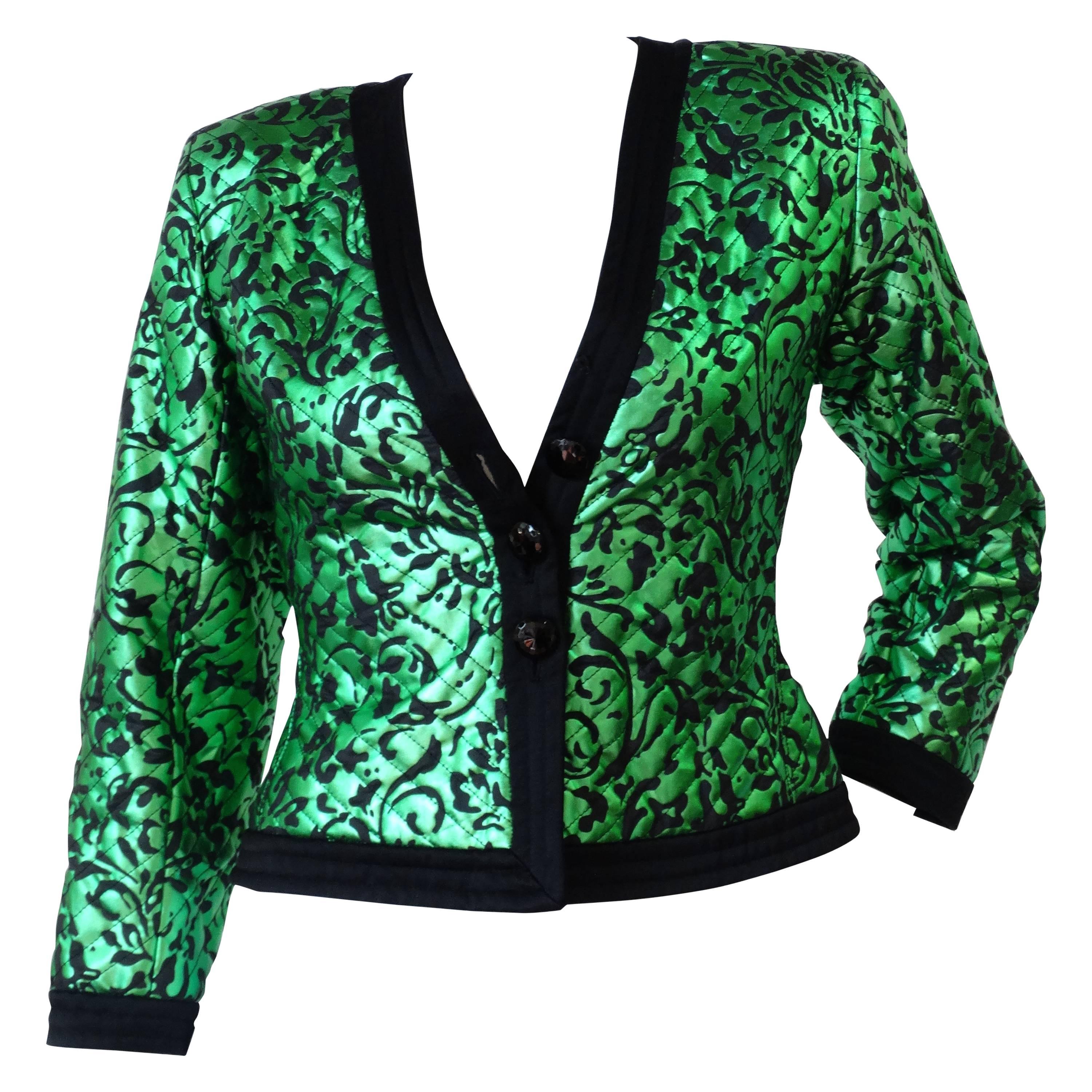 1980s Saint Laurent Metallic Green Floral Print Jacket 