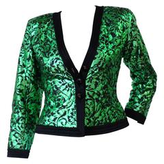 1980s Saint Laurent Metallic Green Floral Print Jacket 8