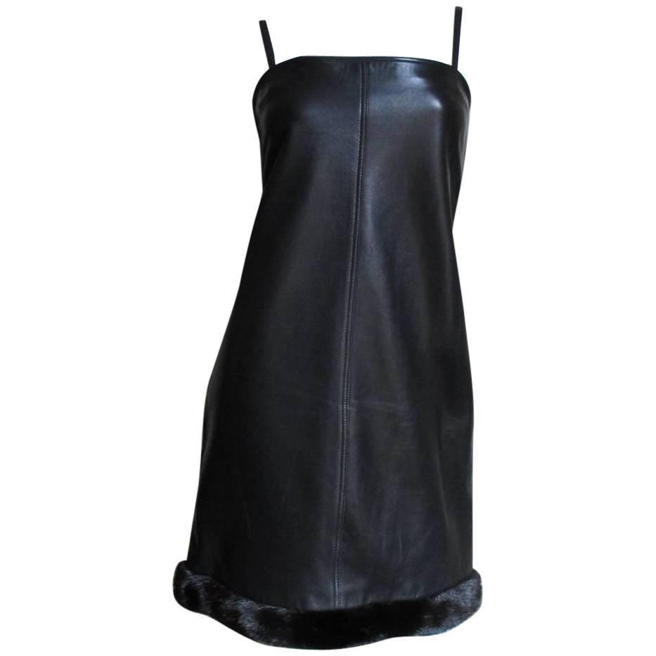 1990s Gianni Versace Leather Slip Dress with Mink Trim 