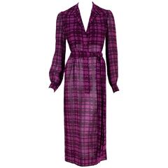 1969 Christian Dior Haute-Couture Purple Houndstooth Silk-Chiffon Belted Dress 1