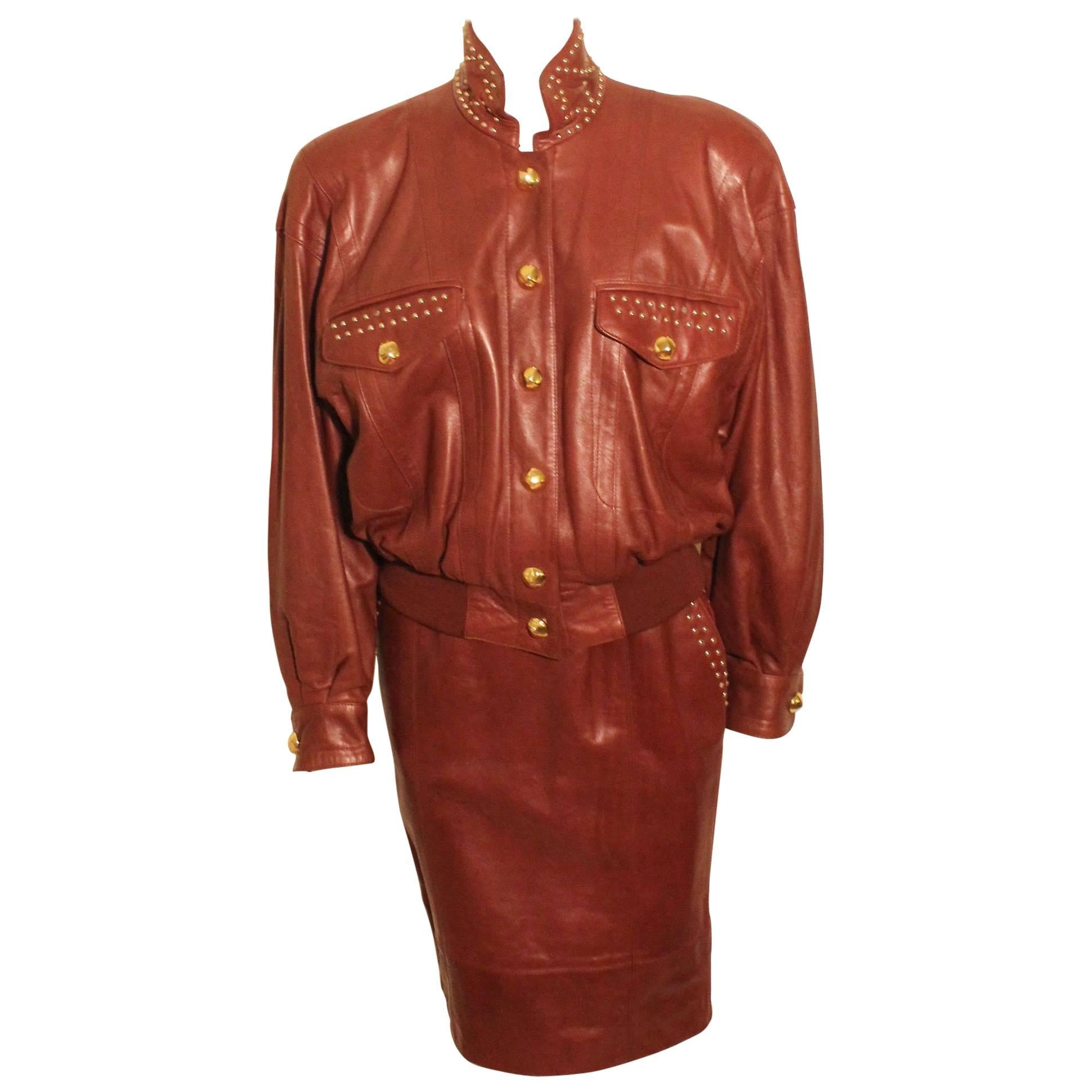 Vintage 1980s Escada Leather Bomber and Studded Skirt Ensemble, Never Worn For Sale