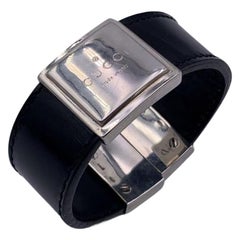 Gucci Black Leather Sterling Silver 925 Bangle Cuff Bracelet