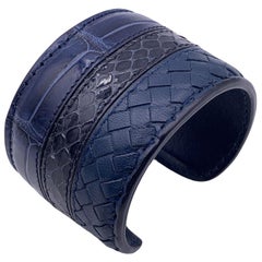 Bottega Veneta Blue Leather Woven Wide Bracelet Cuff Size S