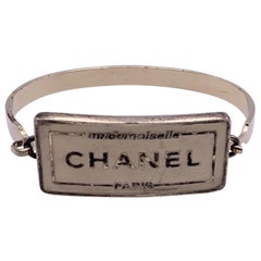 Chanel Vintage Silver Metal Beige Enamel Mademoiselle Bangle Bracelet