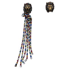 Gucci Lion Head Multicolor Crystals Asymmetric Cascade Earrings