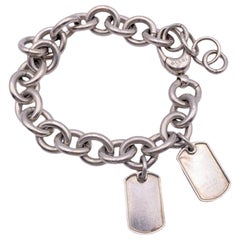 Used Gucci Sterling Silver 925 Rolo Chain Bracelet with Two Dog Tags