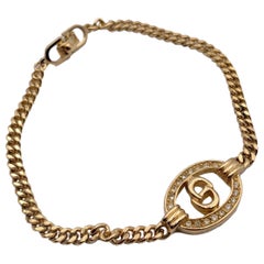 Christian Dior Vintage Gold Metal CD Crystals Logo Chain Bracelet