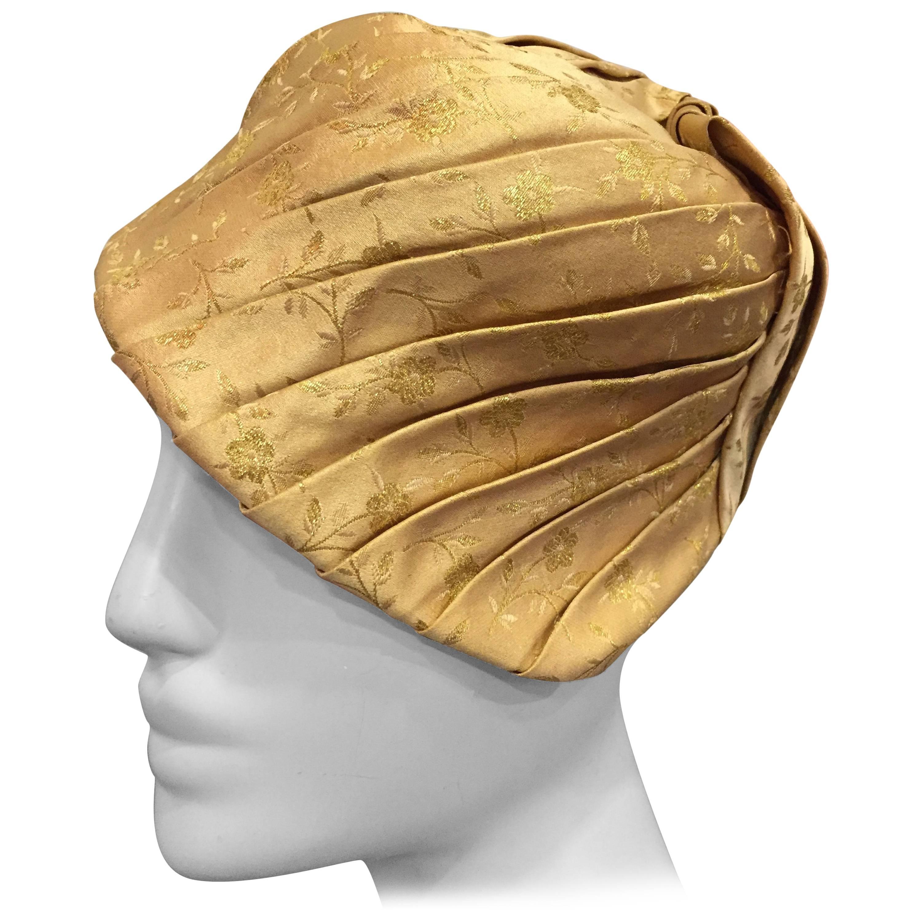 1950s Tatiana Gold Silk Lamé Brocade Pleated Asymmetrical Cocktail Hat For Sale