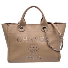 Chanel Beige Caviar Leather Studded Deauville Tote Shoulder Bag
