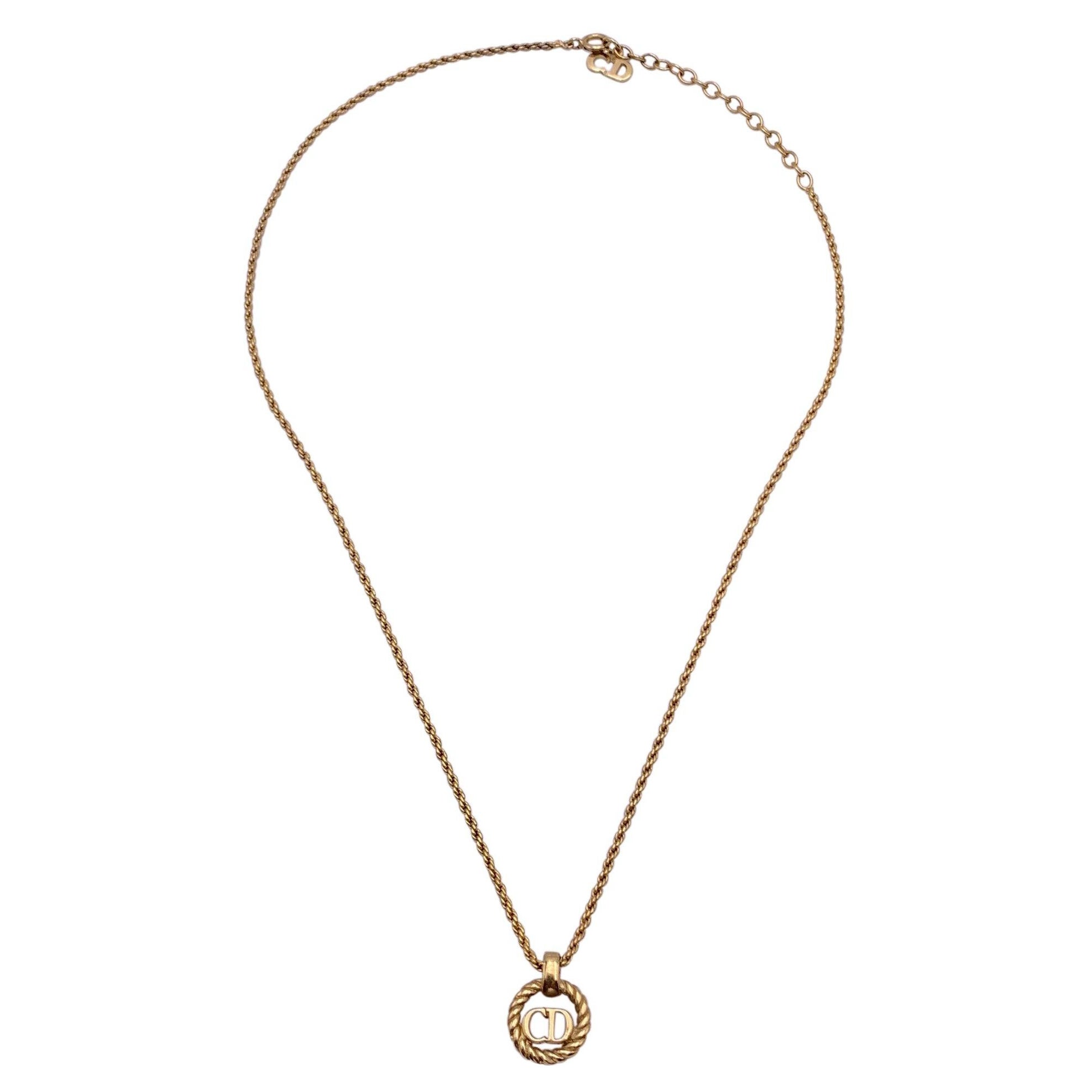 Christian Dior Gold Metal Small CD Logo Round Pendant Chain Necklace For Sale