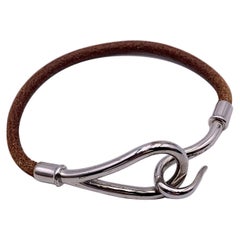 Hermes Brown Leather Silver Metal Jumbo Hook Bracelet