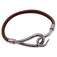 Hermes Pulsera de gancho Jumbo de cuero marrón y metal plateado