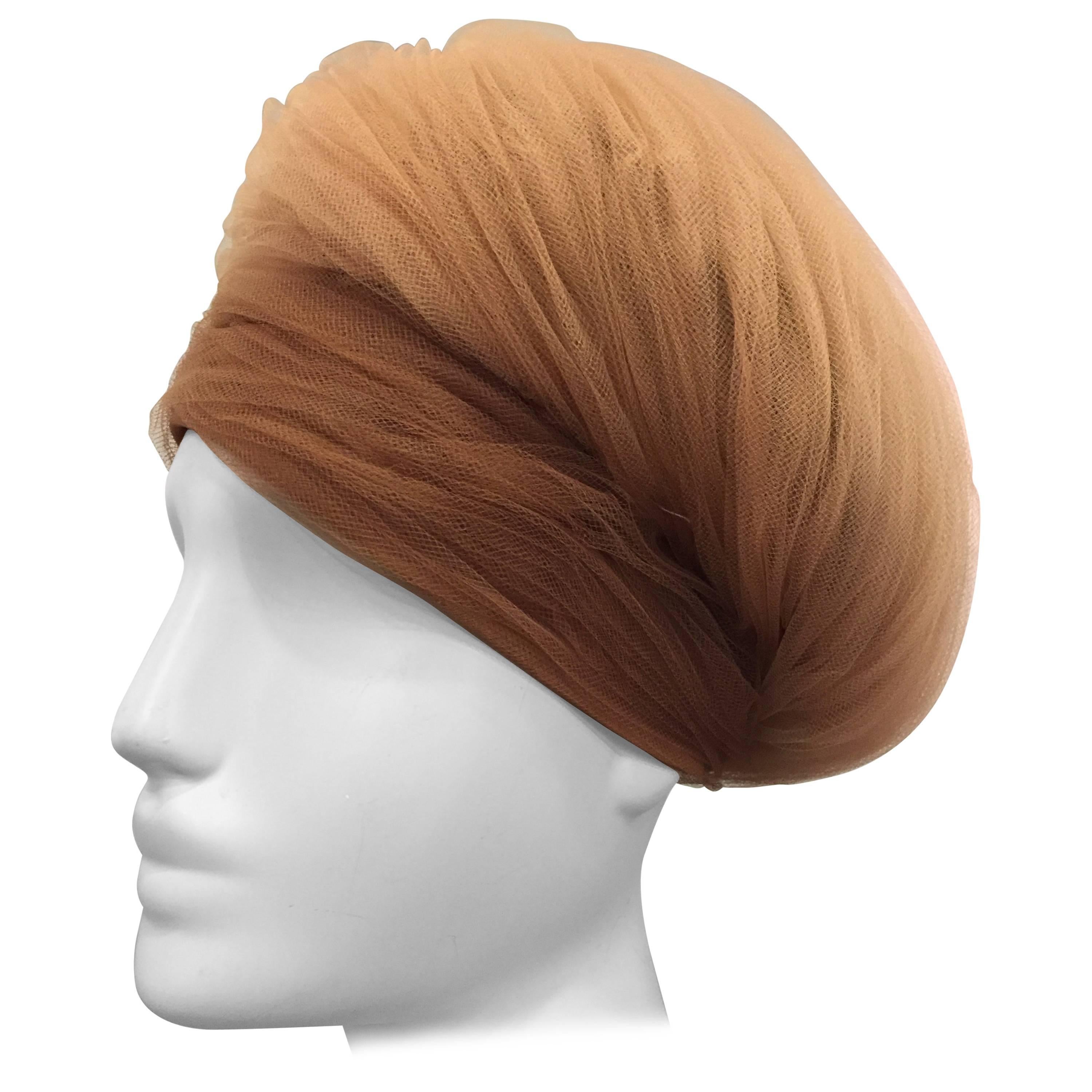 1960s D. Charles Beige and Camel Tulle Wrapped Turban-Style Hat
