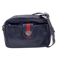 Gucci Vintage Blaue Web Messenger-Umhängetasche aus Leder