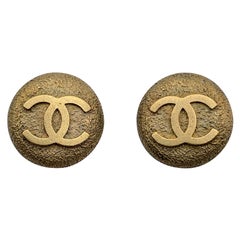 Chanel Vintage Gold Metal Round Embossed CC Logo Clip On Earrings