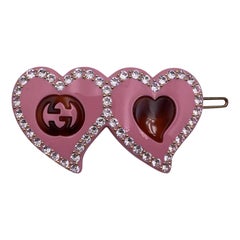 Gucci Pink Resin Double Hearts Crystals Hair Clip Barrette