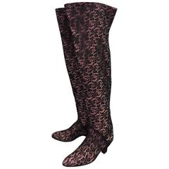 1980s Maud Frizon 22" High Black Lace Over Pink Leather Kitten Heel Boot 7