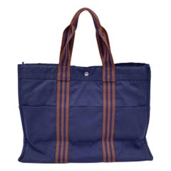 Hermes Paris Vintage Blue and Brown Canvas Fourre Tout GM Bag Tote