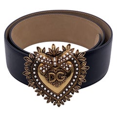 Dolce & Gabbana Black Leather Devotion Heart Buckle Belt Size 90/36