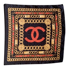 Chanel Vintage Black Red Yellow Silk Scarf CC Logo and Chain Print