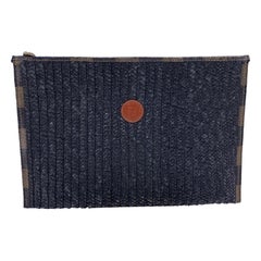 Fendi Vintage Black Woven Raffia Unisex Zip Pouch Clutch Bag