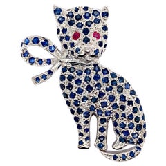 Unique Ruby and Sapphire Cat Sterling Silver Brooch Gift