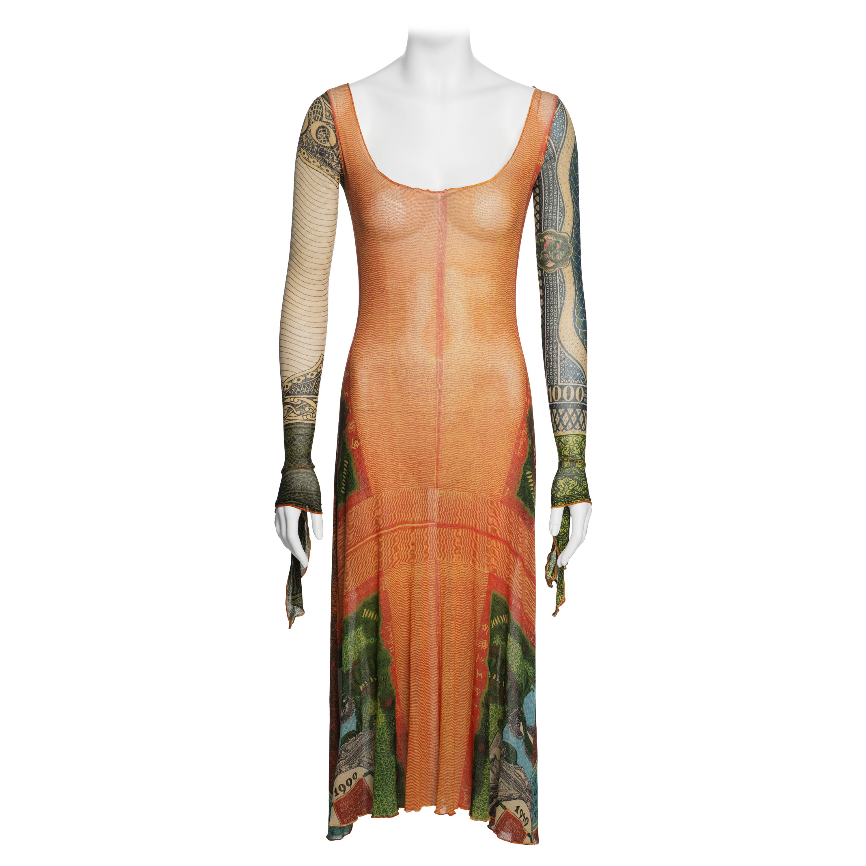 Jean Paul Gaultier Money Print Mesh Long Sleeve Dress, SS 1994 For Sale