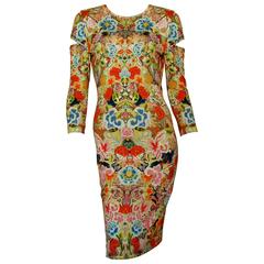 Alexander McQueen Dress Floral Patchwork Slash Sleeve Bodycon Sz M Pre SS14 1