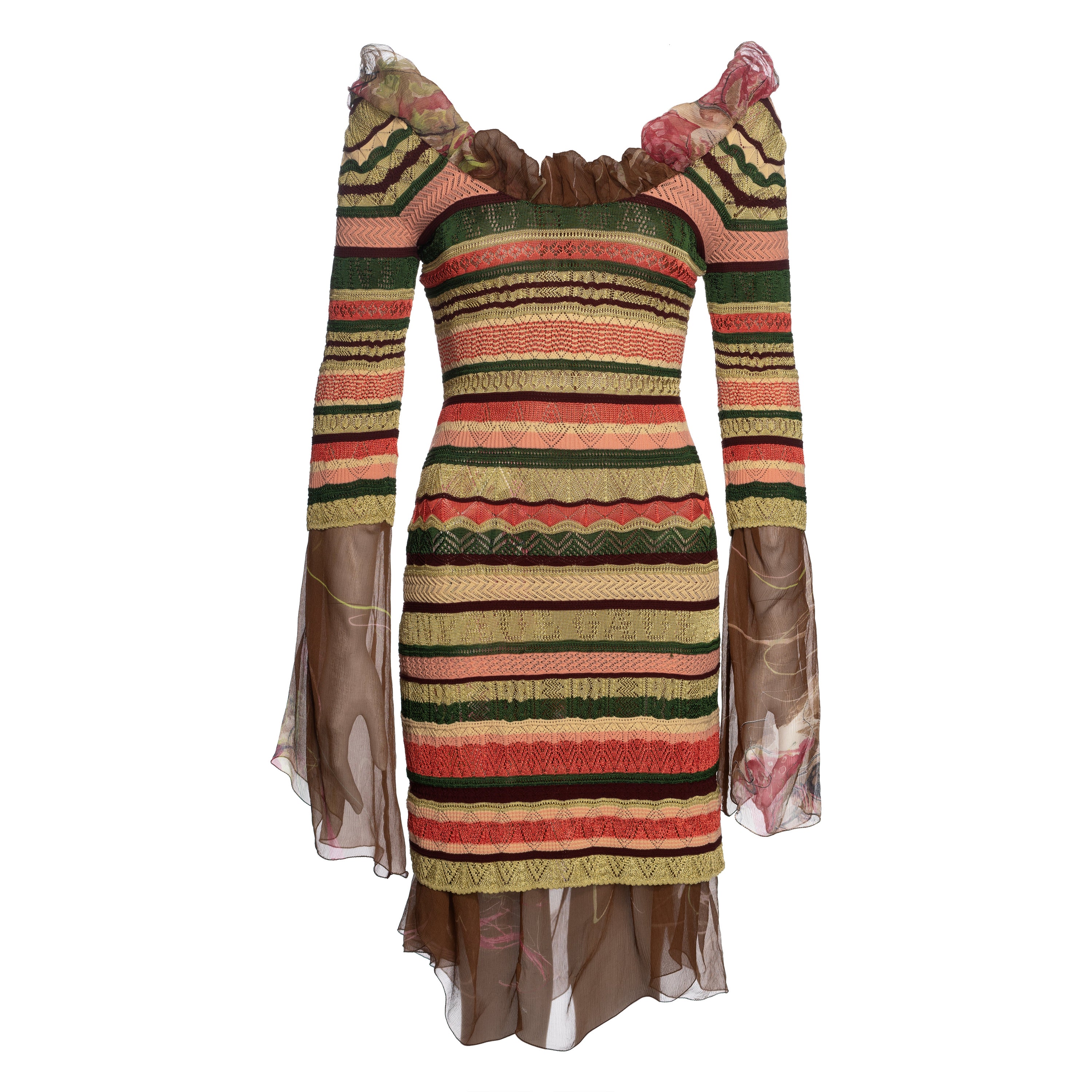 Jean Paul Gaultier Multicoloured Striped Knitted Dress with Floral Silk, SS 2005 For Sale