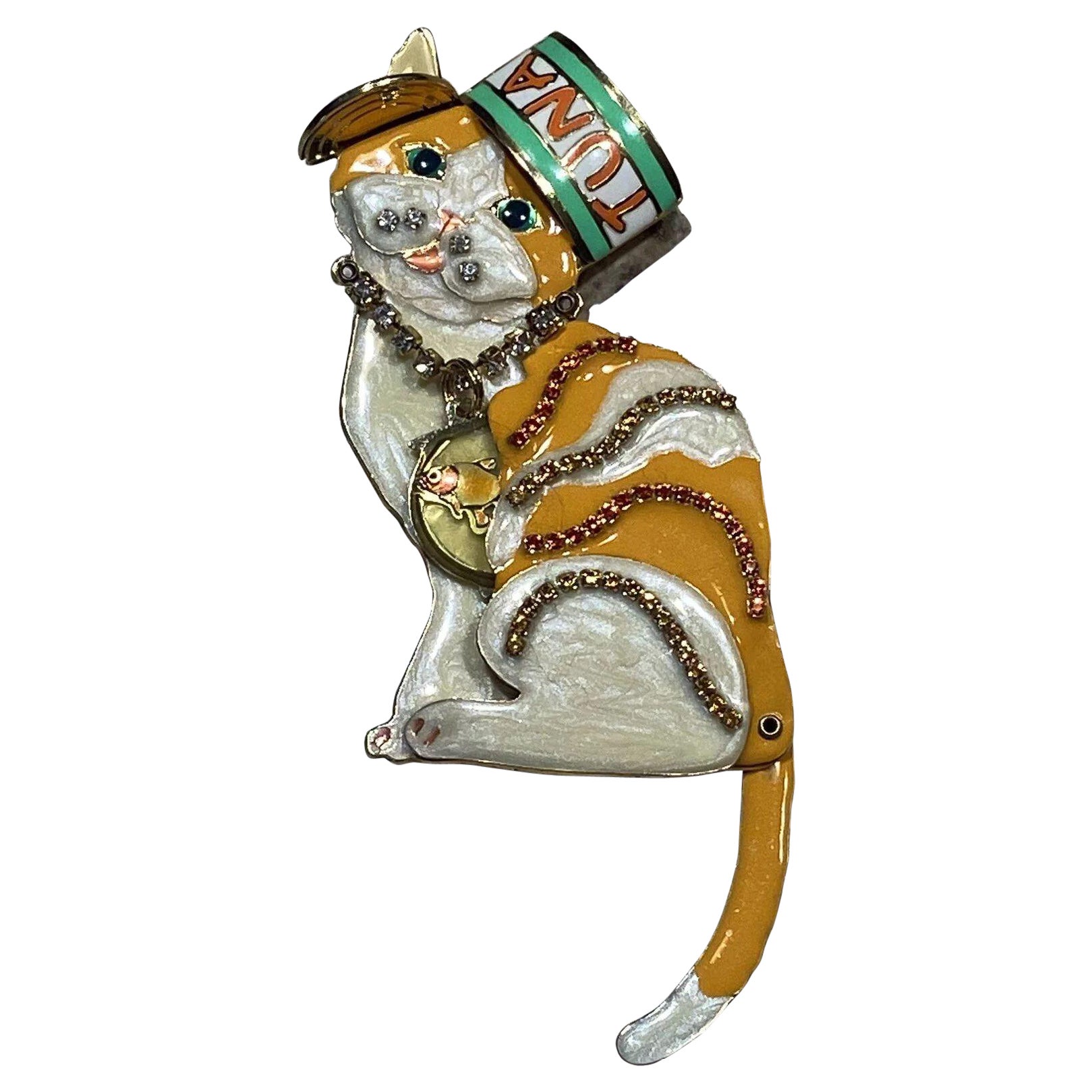 Colgante broche vintage firmado por el diseñador Lunch at The Ritz Enamel Tabby Kitty Cat en venta