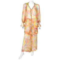 1967 Jean Muir Documented Psychedelic Op-Art Sheer Silk Tunic Mini Dress & Pants