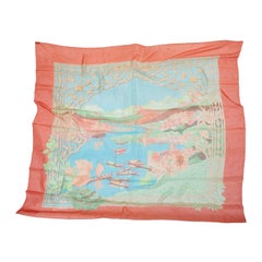 Peach & Multicolor Hermes Le Fleuve Sacre Motif Silk Scarf