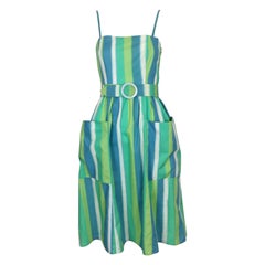 Abito da giorno in cotone a righe acquerello anni '70 di PACO RABANNE