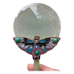 Vintage Jade Handle Gold Plated Enamel Butterfly Magnifying Glass 