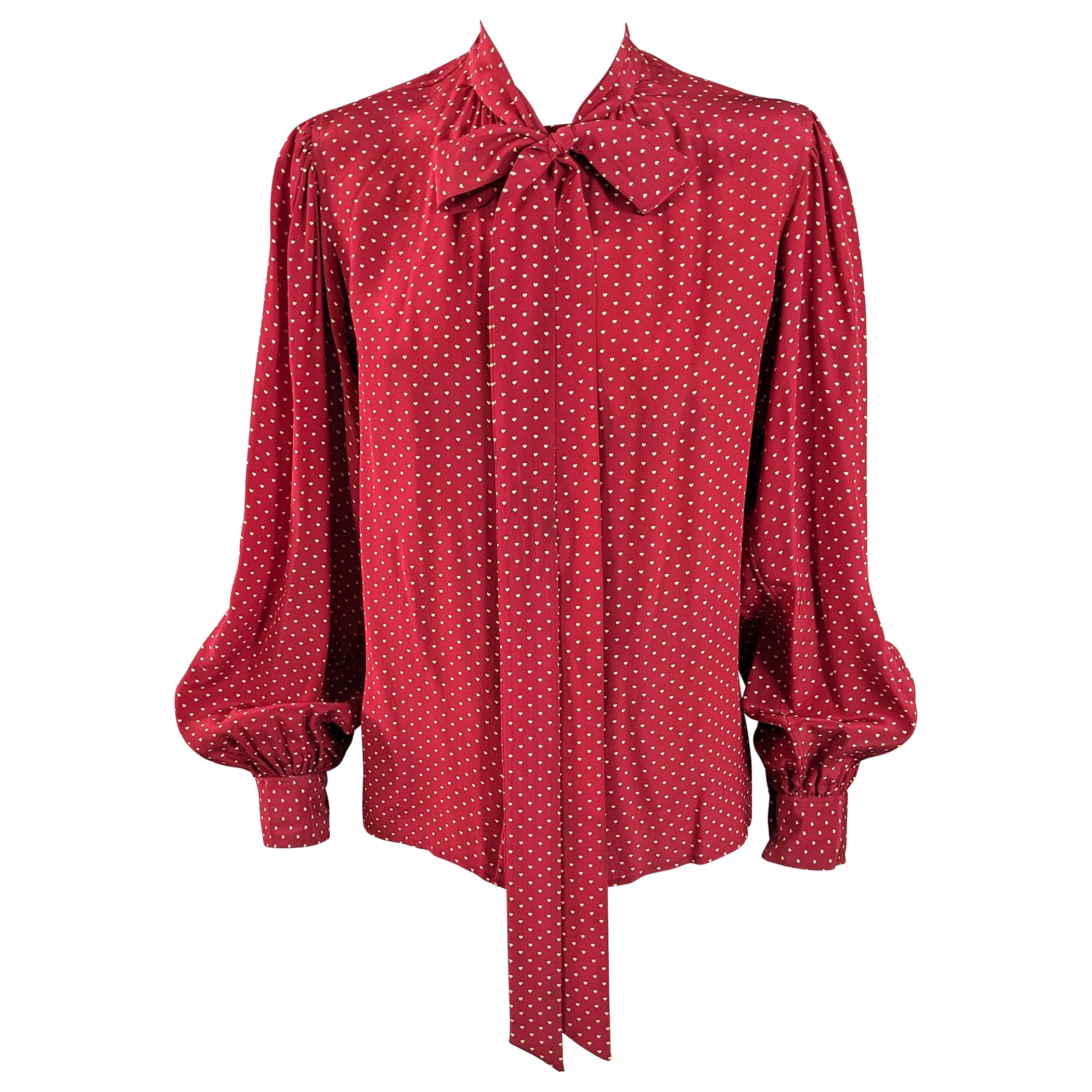 Early Yves Saint Laurent Heart Print Bow Blouse For Sale
