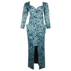 Vintage Nina Ricci Long Black and Blue Silk Evening Dress Haute Couture, 1988/89