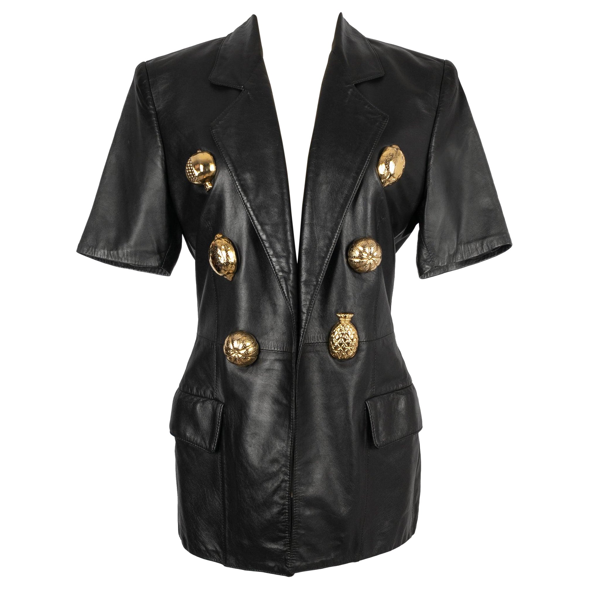 Gianfranco Ferre  Black Leather Short-Sleeve Jacket For Sale